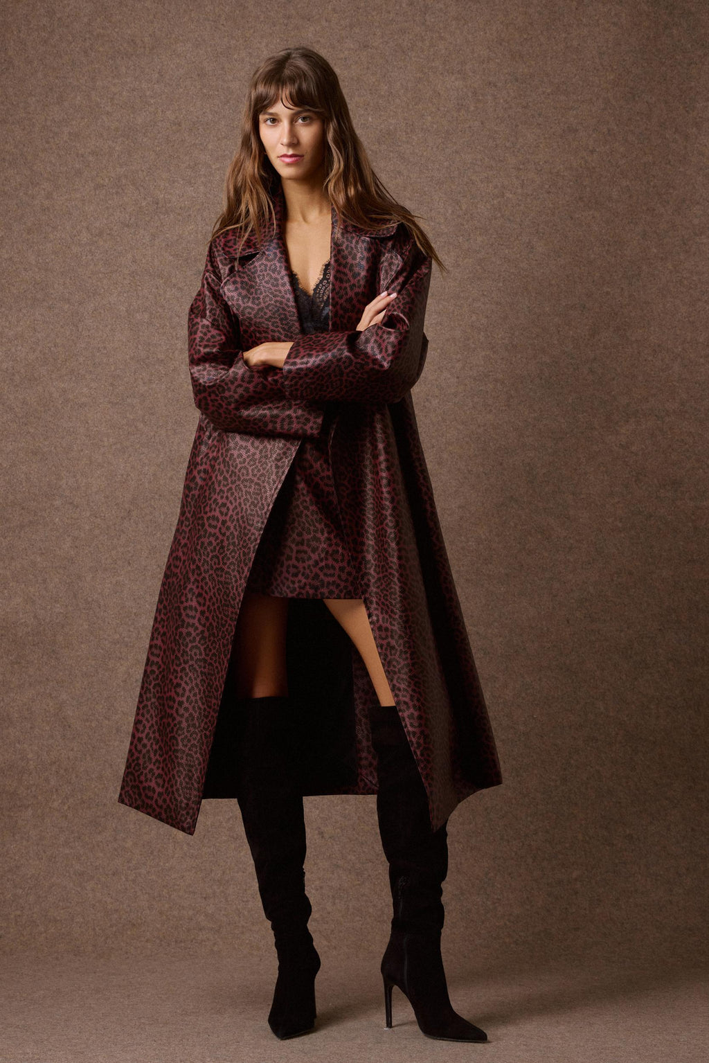 'NORMA' OVERSIZED ΜΑΚΡΥ ΠΑΛΤΟ ΜΕ ΚΡΟΚΟ ΥΦΗ (BURGUNDY/ANIMAL PRINT) MAMOUSH