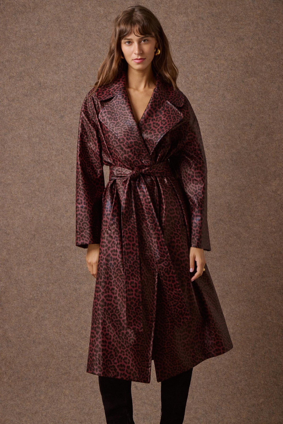 'NORMA' OVERSIZED ΜΑΚΡΥ ΠΑΛΤΟ ΜΕ ΚΡΟΚΟ ΥΦΗ (BURGUNDY/ANIMAL PRINT) MAMOUSH