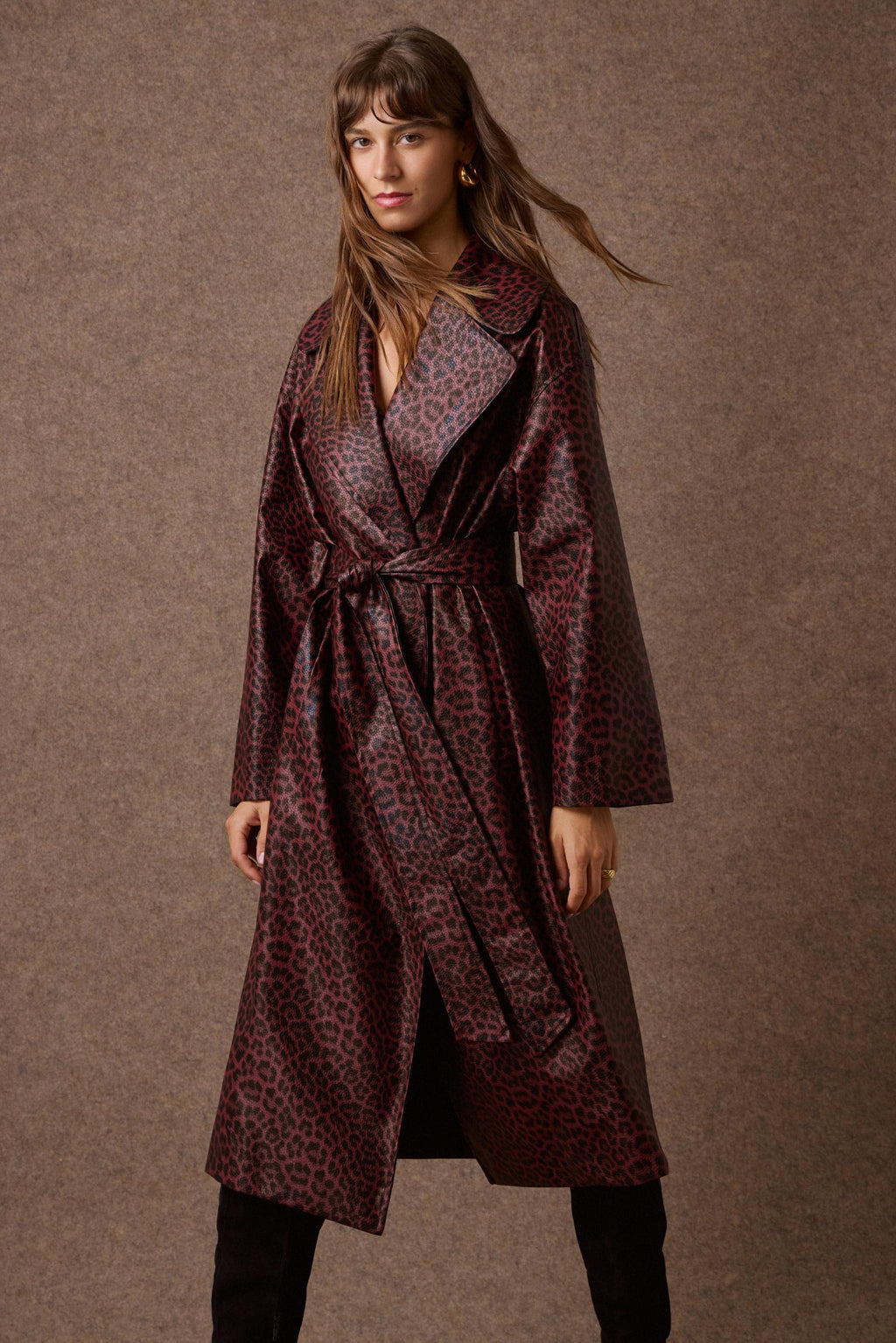'NORMA' OVERSIZED ΜΑΚΡΥ ΠΑΛΤΟ ΜΕ ΚΡΟΚΟ ΥΦΗ (BURGUNDY/ANIMAL PRINT) MAMOUSH